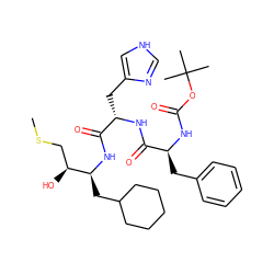 CSC[C@H](O)[C@H](CC1CCCCC1)NC(=O)[C@H](Cc1c[nH]cn1)NC(=O)[C@H](Cc1ccccc1)NC(=O)OC(C)(C)C ZINC000026266637