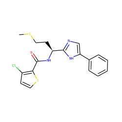 CSCC[C@H](NC(=O)c1sccc1Cl)c1ncc(-c2ccccc2)[nH]1 ZINC000071341498