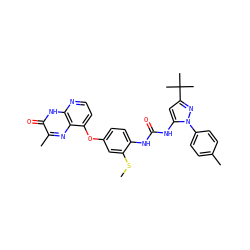 CSc1cc(Oc2ccnc3[nH]c(=O)c(C)nc23)ccc1NC(=O)Nc1cc(C(C)(C)C)nn1-c1ccc(C)cc1 ZINC000058582376