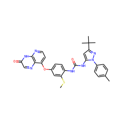 CSc1cc(Oc2ccnc3[nH]c(=O)cnc23)ccc1NC(=O)Nc1cc(C(C)(C)C)nn1-c1ccc(C)cc1 ZINC000058548296
