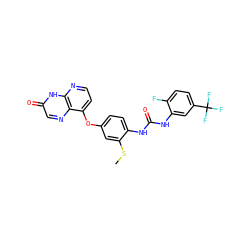 CSc1cc(Oc2ccnc3[nH]c(=O)cnc23)ccc1NC(=O)Nc1cc(C(F)(F)F)ccc1F ZINC000058541242