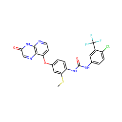 CSc1cc(Oc2ccnc3[nH]c(=O)cnc23)ccc1NC(=O)Nc1ccc(Cl)c(C(F)(F)F)c1 ZINC000058541257