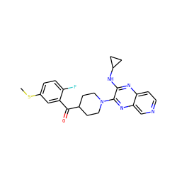 CSc1ccc(F)c(C(=O)C2CCN(c3nc4cnccc4nc3NC3CC3)CC2)c1 ZINC000144519104