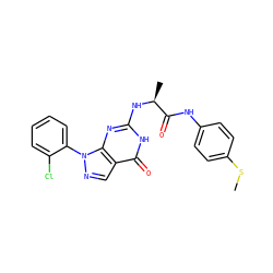CSc1ccc(NC(=O)[C@H](C)Nc2nc3c(cnn3-c3ccccc3Cl)c(=O)[nH]2)cc1 ZINC000095578713