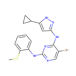 CSc1ccccc1Nc1ncc(Br)c(Nc2cc(C3CC3)[nH]n2)n1 ZINC000203004787
