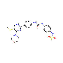 CSc1cnc(-c2ccc(NC(=O)Nc3ccc(NS(C)(=O)=O)cc3)cc2)nc1N1CCOCC1 ZINC000118176933