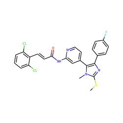 CSc1nc(-c2ccc(F)cc2)c(-c2ccnc(NC(=O)/C=C/c3c(Cl)cccc3Cl)c2)n1C ZINC000064526861