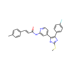 CSc1nc(-c2ccc(F)cc2)c(-c2ccnc(NC(=O)/C=C/c3ccc(C)cc3)c2)[nH]1 ZINC000064539284