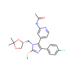 CSc1nc(-c2ccc(F)cc2)c(-c2ccnc(NC(C)=O)c2)n1C[C@@H]1COC(C)(C)O1 ZINC000013586232