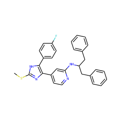 CSc1nc(-c2ccnc(NC(Cc3ccccc3)Cc3ccccc3)c2)c(-c2ccc(F)cc2)[nH]1 ZINC000040410544