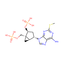CSc1nc(N)c2ncn([C@H]3C[C@H](OP(=O)(O)O)[C@]4(COP(=O)(O)O)C[C@H]34)c2n1 ZINC000013528967