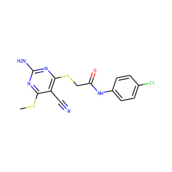 CSc1nc(N)nc(SCC(=O)Nc2ccc(Cl)cc2)c1C#N ZINC000002267400