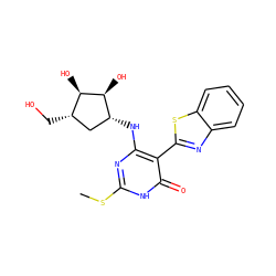 CSc1nc(N[C@@H]2C[C@H](CO)[C@@H](O)[C@H]2O)c(-c2nc3ccccc3s2)c(=O)[nH]1 ZINC000473135760