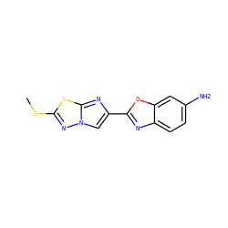 CSc1nn2cc(-c3nc4ccc(N)cc4o3)nc2s1 ZINC000653760594
