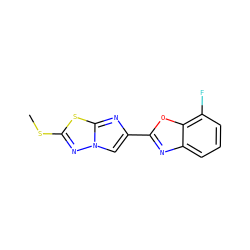 CSc1nn2cc(-c3nc4cccc(F)c4o3)nc2s1 ZINC000653756247