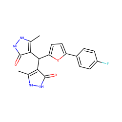 Cc1[nH][nH]c(=O)c1C(c1ccc(-c2ccc(F)cc2)o1)c1c(C)[nH][nH]c1=O ZINC000004147341
