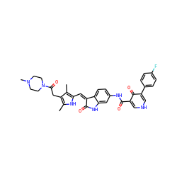 Cc1[nH]c(/C=C2\C(=O)Nc3cc(NC(=O)c4c[nH]cc(-c5ccc(F)cc5)c4=O)ccc32)c(C)c1CC(=O)N1CCN(C)CC1 ZINC000205818425