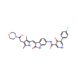 Cc1[nH]c(/C=C2\C(=O)Nc3cc(NC(=O)c4c[nH]cc(-c5ccc(F)cc5)c4=O)ccc32)c(C)c1CC(=O)N1CCOCC1 ZINC000205819985