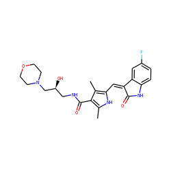 Cc1[nH]c(/C=C2\C(=O)Nc3ccc(F)cc32)c(C)c1C(=O)NC[C@H](O)CN1CCOCC1 ZINC000018825344