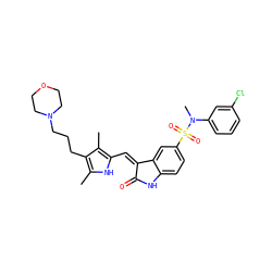 Cc1[nH]c(/C=C2\C(=O)Nc3ccc(S(=O)(=O)N(C)c4cccc(Cl)c4)cc32)c(C)c1CCCN1CCOCC1 ZINC000043063271
