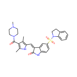 Cc1[nH]c(/C=C2\C(=O)Nc3ccc(S(=O)(=O)N4CCc5ccccc54)cc32)c(C)c1C(=O)N1CCN(C)CC1 ZINC000068009359