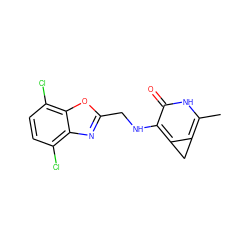 Cc1[nH]c(=O)c(NCc2nc3c(Cl)ccc(Cl)c3o2)c2c1C2 ZINC000005891657