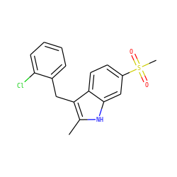 Cc1[nH]c2cc(S(C)(=O)=O)ccc2c1Cc1ccccc1Cl ZINC000028374393