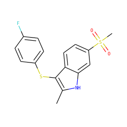 Cc1[nH]c2cc(S(C)(=O)=O)ccc2c1Sc1ccc(F)cc1 ZINC000028379482