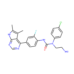 Cc1[nH]c2ncnc(-c3ccc(NC(=O)N(CCN)c4ccc(Cl)cc4)c(F)c3)c2c1C ZINC000299864814