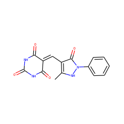 Cc1[nH]n(-c2ccccc2)c(=O)c1C=C1C(=O)NC(=O)NC1=O ZINC000100466856