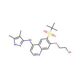 Cc1[nH]nc(Nc2ccnc3cc(OCCO)c(S(=O)(=O)C(C)(C)C)cc23)c1C ZINC000202150560