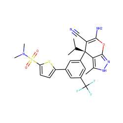 Cc1[nH]nc2c1[C@@](c1cc(-c3ccc(S(=O)(=O)N(C)C)s3)cc(C(F)(F)F)c1)(C(C)C)C(C#N)=C(N)O2 ZINC001772640715