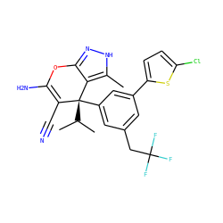 Cc1[nH]nc2c1[C@@](c1cc(CC(F)(F)F)cc(-c3ccc(Cl)s3)c1)(C(C)C)C(C#N)=C(N)O2 ZINC001772648496