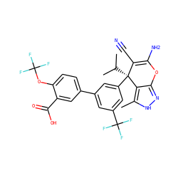 Cc1[nH]nc2c1[C@](c1cc(-c3ccc(OC(F)(F)F)c(C(=O)O)c3)cc(C(F)(F)F)c1)(C(C)C)C(C#N)=C(N)O2 ZINC001772601701