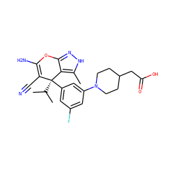 Cc1[nH]nc2c1[C@](c1cc(F)cc(N3CCC(CC(=O)O)CC3)c1)(C(C)C)C(C#N)=C(N)O2 ZINC001772579615