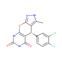 Cc1[nH]nc2c1[C@H](c1ccc(F)c(Cl)c1)c1c([nH]c(=O)[nH]c1=O)O2 ZINC001772637707