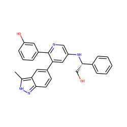 Cc1[nH]nc2ccc(-c3cc(N[C@@H](CO)c4ccccc4)cnc3-c3cccc(O)c3)cc12 ZINC001772614291