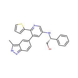 Cc1[nH]nc2ccc(-c3cc(N[C@@H](CO)c4ccccc4)cnc3-c3cccs3)cc12 ZINC001772631878