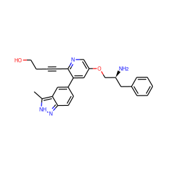 Cc1[nH]nc2ccc(-c3cc(OC[C@@H](N)Cc4ccccc4)cnc3C#CCCO)cc12 ZINC000045354506