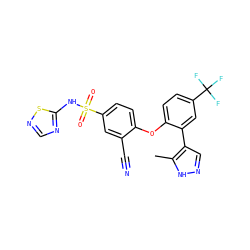 Cc1[nH]ncc1-c1cc(C(F)(F)F)ccc1Oc1ccc(S(=O)(=O)Nc2ncns2)cc1C#N ZINC000095582051