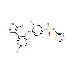 Cc1[nH]ncc1-c1cc(Cl)ccc1Oc1cc(F)c(S(=O)(=O)Nc2nncs2)cc1Cl ZINC000095584995