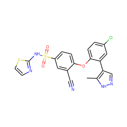 Cc1[nH]ncc1-c1cc(Cl)ccc1Oc1ccc(S(=O)(=O)Nc2nccs2)cc1C#N ZINC000095583510