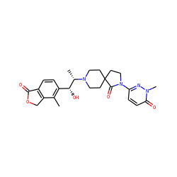 Cc1c([C@@H](O)[C@H](C)N2CCC3(CCN(c4ccc(=O)n(C)n4)C3=O)CC2)ccc2c1COC2=O ZINC001772655150