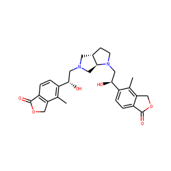 Cc1c([C@@H](O)CN2C[C@@H]3CCN(C[C@H](O)c4ccc5c(c4C)COC5=O)[C@H]3C2)ccc2c1COC2=O ZINC000205353127