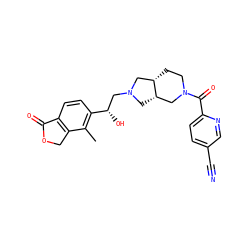 Cc1c([C@@H](O)CN2C[C@H]3CN(C(=O)c4ccc(C#N)cn4)CC[C@H]3C2)ccc2c1COC2=O ZINC000205489586