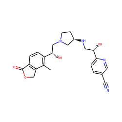Cc1c([C@@H](O)CN2CC[C@@H](NC[C@H](O)c3ccc(C#N)cn3)C2)ccc2c1COC2=O ZINC000205636718