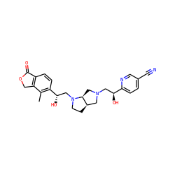 Cc1c([C@@H](O)CN2CC[C@@H]3CN(C[C@H](O)c4ccc(C#N)cn4)C[C@@H]32)ccc2c1COC2=O ZINC000205493857