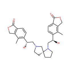Cc1c([C@@H](O)CN2CC[C@]3(CCCN3C[C@H](O)c3ccc4c(c3C)COC4=O)C2)ccc2c1COC2=O ZINC000205497404
