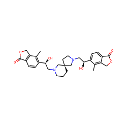 Cc1c([C@@H](O)CN2CCC[C@]3(CCN(C[C@H](O)c4ccc5c(c4C)COC5=O)C3)C2)ccc2c1COC2=O ZINC000205489513