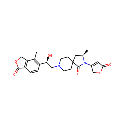 Cc1c([C@@H](O)CN2CCC3(CC2)C[C@@H](C)N(C2=CC(=O)OC2)C3=O)ccc2c1COC2=O ZINC000206891798